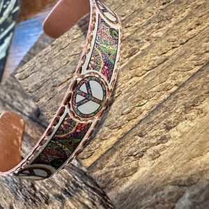 Handmade Boho Copper Narrow Cuff Bracelet, Diamond Cut Hippie Peace Design, Gif